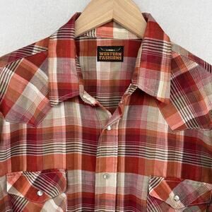 WESTERN FASHIONS Shirt Mens L Plaid Pearl Snap Front Woven Cotton Orange VTG